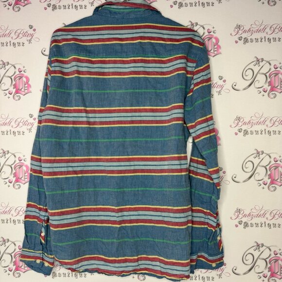 Hawkings McGill collared shirt button down long sleeve blue yellow red stripe - Picture 2 of 9